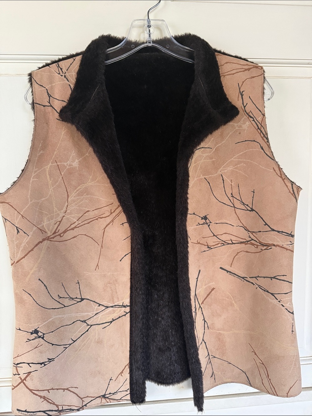 Robert Kitchen Reversible Faux Fur Woodland Branch Print Vest